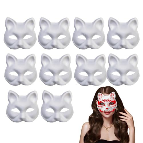 Monozoz Weiße Katzenmaske Therian Mas k DIY Weißes Papier Maske Zellstoff Blank Handgemalte Maske, Katzenmasken Zum Bemalen, Katzenform Weiße Anziehmasken, Half Face Gefälligkeiten, 10 Stück von Monozoz