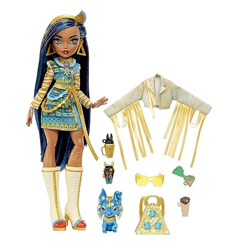 Monster High Cleo de Nile Puppe - Königliches Outfit, Killerstiefel, Pyramidenrucksack, Zubehör, für Kinder ab 6 Jahren, HHK54 von Monster High