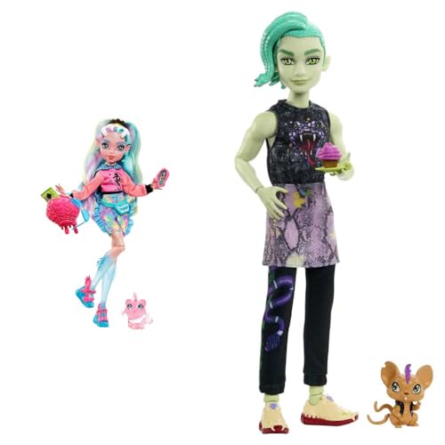 MONSTER HIGH HHK56 - bewegliche Deuce Gorgon Puppe, Haustier und Zubehör & Lagoona Blue Puppe - Pink Hoodie, Batik-Bikeshorts, Plateausandalen, Flossen, Zubehör, für Kinder ab 6 Jahren, HHK55 von Monster High