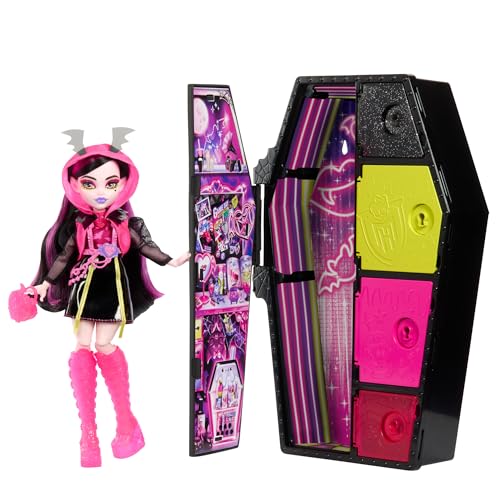 Monster High Skulltimate Secrets Draculaura-Puppe - Neon Frights Modeüberraschungen, Color-Reveal-Schlüssel, leuchtende Accessoires, für Kinder ab 6 Jahren, HNF78 von Monster High