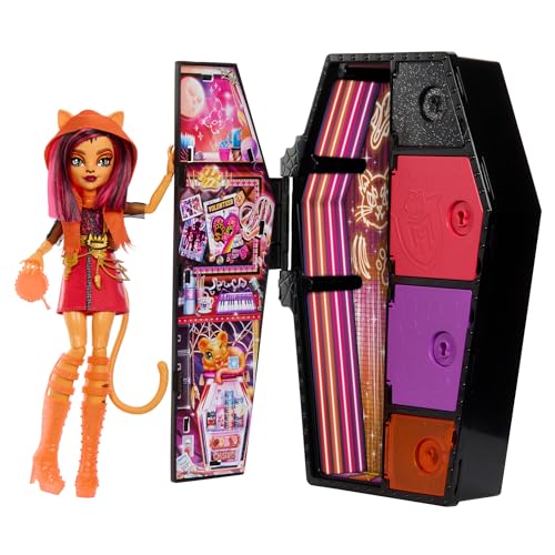 Monster High Skulltimate Secrets Toralei Stripe Puppe - Leuchtender Spind mit über 19 bunten Überraschungen,Überraschungen, abwaschbare geheimnisvolle Beschichtung, für Kinder ab 6 Jahren, HNF80 von Monster High