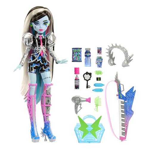 Monster HIGH Rockstar Frankie Stein - Puppe mit Metallic-Puffärmeln, Kunstleder-Shorts und drapiertem Kettengeschirr, inklusive Zubehör für Rocker-Glam-Haarstyling, HNF84 von Monster High