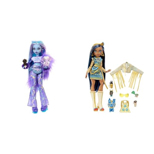 Monster High Abbey Bominable Yeti mit Mammut-Haustier und Accessoires & Cleo de Nile Puppe - Königliches Outfit, Killerstiefel, Pyramidenrucksack, Zubehör, für Kinder ab 6 Jahren, HHK54 von Monster High