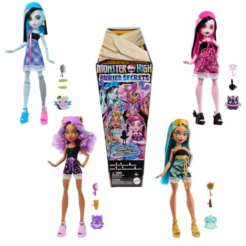 Monster High Buried-Secrets-Puppen und Accessoires, Cozy-Creepover-Thema mit geheimnisvoller Puppe und 5 Überraschungen beim Auspacken (Figuren können variieren), HYV64 von Monster High