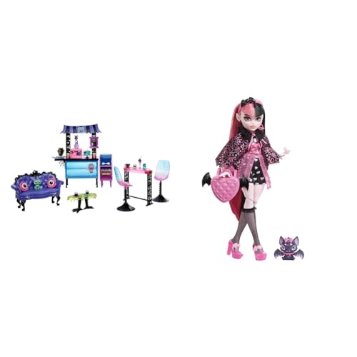 Monster High Café Schwarze Seele Spielset -gruselige Möbel & Draculaura Puppe - Vamp-tastische Mode, Umhang, Accessoires, Haustierfledermaus, für Kinder ab 6 Jahren, HHK51 von Monster High