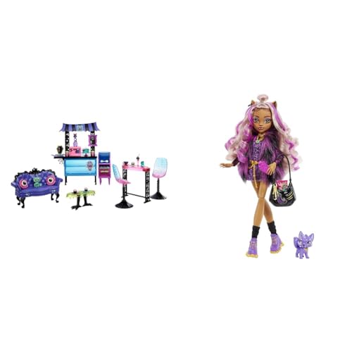 Monster High Café Schwarze Seele Spielset -gruselige Möbel & Mattel Clawdeen - Puppe mit Animal-Print-Pullover von Monster High