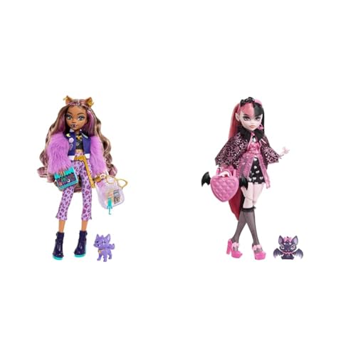 Monster High Clawdeen Wolf-Puppe mit Hund Crescent und Accessoires wie Rucksack & Draculaura Puppe - Vamp-tastische Mode, Umhang, Accessoires, Haustierfledermaus, für Kinder ab 6 Jahren, HHK51 von Monster High