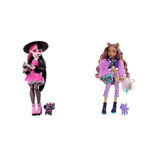 Monster High Draculaura-Puppe mit ihrem Haustier & Clawdeen Wolf-Puppe mit Hund Crescent und Accessoires wie Rucksack, Kalender, Snacks und mehr, HRP65 von Monster High