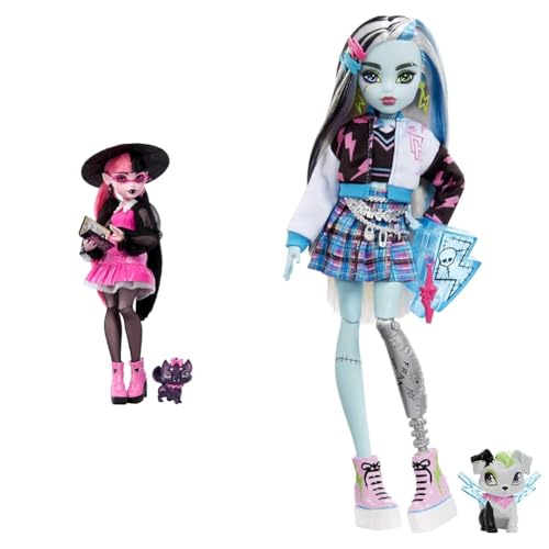 Monster High Draculaura-Puppe mit ihrem Haustier & Frankie Puppe - Elektrisierende Mode, Voltageous College-Jacke, gruseliges Zubehör, Flexibler Körper, für Kinder ab 6 Jahren, HHK53 von Monster High