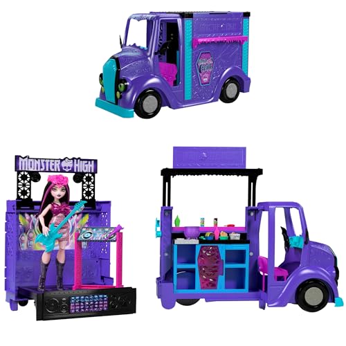 Monster High Draculaura-Puppe und Spielset, Fangtastic Food-Truck mit ausklappbarer Bühne und über 13 passenden Küchen- und Musikzubehörteilen, HXH83 von Monster High