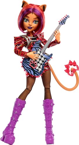 Monster High Fearbook Toralei Set aus Puppe und Zubehör mit Musikclub-Thema, Collegejacke, Jahrbuch, Gitarre und Mikrofon, HXW32 von Monster High