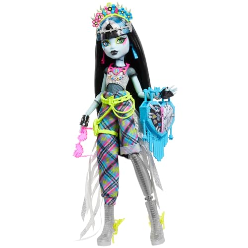 Monster High Frankie Stein Puppe mit glamourösem Monsterfest-Outfit und Festival-Zubehör wie Sacks, Bandposter, Statement-Tasche und mehr, HXH79 von Monster High