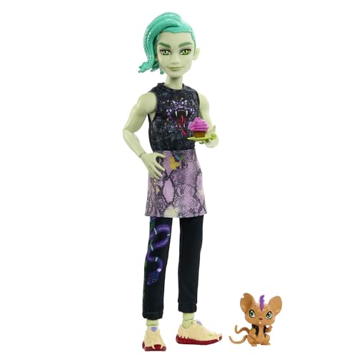 Monster High HHK56 - bewegliche Deuce Gorgon Puppe, Haustier und Zubehör, Schlangen-Jeansjacke, getönte Sonnenbrille, Kinderspielzeug, Geschenkset, Puppen Spiezeug ab 4 Jahren von Monster High