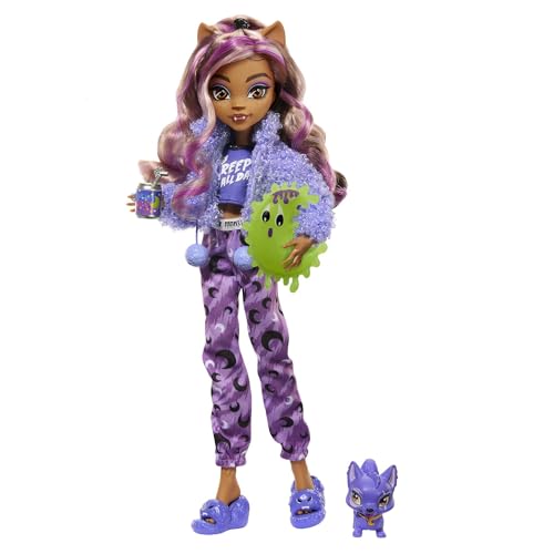 MONSTER HIGH Puppe und Sleepover Zubehör, Clawdeen Wolf Puppe mit Pet Cat Crescent, Creepover Party, HKY67 von MONSTER HIGH