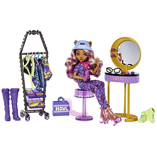 Monster High HKY70 - Spielset mit Puppe und Mode, Clawdeen Wolf Puppe und Zubehör, Boutique-Ankleidestudio mit mehr als 20 Zubehörteilen, Puppen Spielzeug für Kinder ab 4 Jahren von Monster High