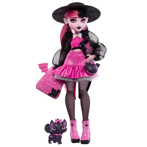 Monster High Draculaura-Puppe mit ihrem Haustier, der Fledermaus-Katze Count Fabulous, und Accessoires wie Rucksack, Zauberbuch, Bento-Box und mehr von Monster High