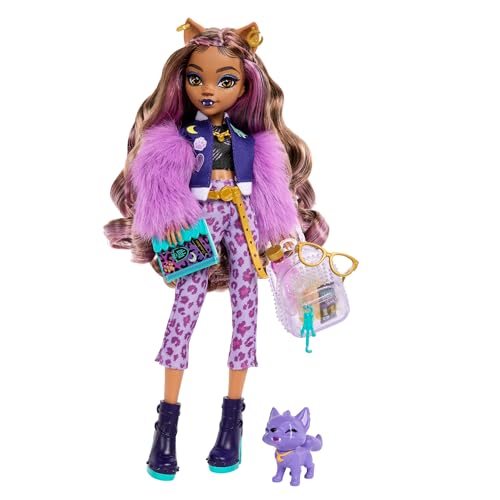 Monster High Clawdeen Wolf-Puppe mit Hund Crescent und Accessoires wie Rucksack, Kalender, Snacks und mehr, HRP65 von Monster High