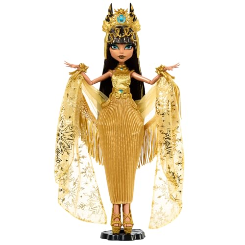 Monster High Howliday Puppe, Winteredition Cleo De Nile Sammelfigur im goldenen Kleid mit glänzenden Accessoires und schimmerndem Fransenschal, HXJ00, [Mehrfarbig] von Monster High