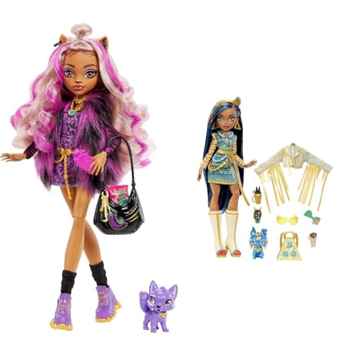 Monster High Mattel Clawdeen - Puppe mit Animal-Print-Pullover und schaurig-schönem Longsleeve-Top & Cleo de Nile Puppe - Königliches Outfit, Killerstiefel von Mattel