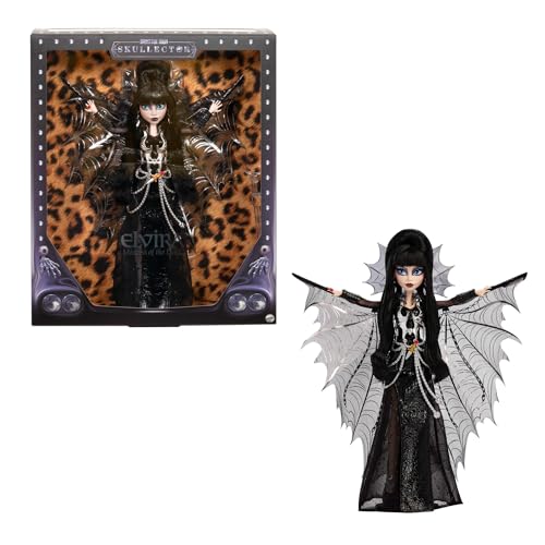 Monster High-Puppe, Elvira, Herrin der dunklen Magie, Sammelfigur in einem schwarzen Kunstlederkleid mit silbernem Batwing-Cape und hochwertigem Zubehör, HYV99 Monster High-Puppe, Elvira, Herrin der dunklen Magie, Sammelfigur in einem schwarzen Kunstlederkleid mit silbernem Batwing-Cape und hochwertigem Zubehör, HYV99 von Monster High