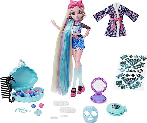 Monster High Puppe, Lagoona Blue Spa Day Set mit Wear and Share Zubehör wie Haarspangen, Haarkreide und Tattoos (HKY69) von Monster High