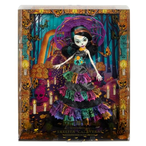 Monster High Puppe, Skelita Calaveras Día de Muertos 2024 Howliday zum Sammeln mit La Catrina Hut, Kleid mit Papel Picado und Verpackung zum Ausstellen, HXH99 von Monster High