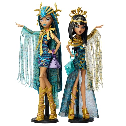 Monster High-Puppen, Mummy Majesties Cleo und Nefera De Nile Sammelfiguren im Doppelpack mit goldenen Accessoires und Premium-Kleidung, HXJ01 von Monster High