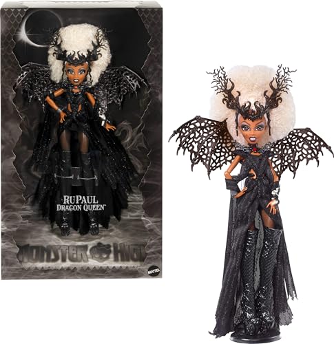 Monster High RuPaul Puppe, Dragon Queen Sammlerstück mit schimmerndem schwarzen Kleid, kniehohen Stiefeln, Flügeln und Premium-Verpackung von Monster High