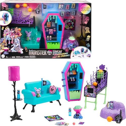 Monster High Schüler-Lounge-Spielset, Puppenhausmöbel und thematisches Zubehör mit zwei Haustieren und funktionierendem Automat von Monster High