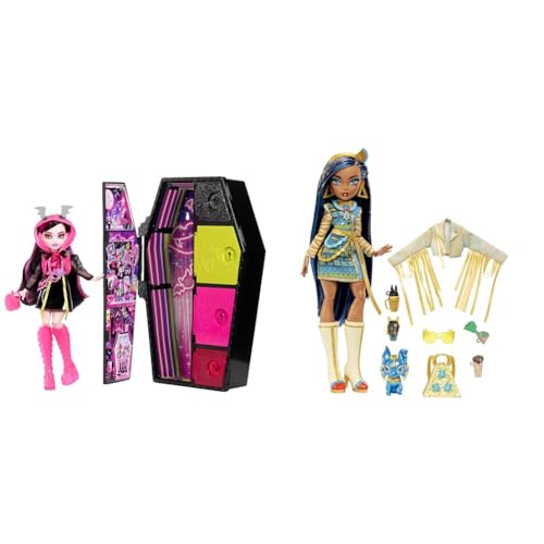 Monster High Skulltimate Secrets Draculaura-Puppe & Cleo de Nile Puppe - Königliches Outfit, Killerstiefel, Pyramidenrucksack, Zubehör, für Kinder ab 6 Jahren, HHK54 von Monster High