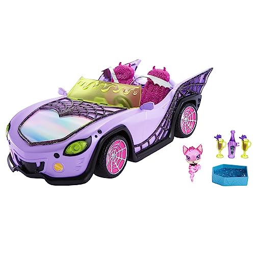 Monster High Spielzeugauto, Ghoul Mobile mit Tierfigur und coolem Zubehör, lilafarbenes Cabrio mit Spinnennetzdetails von Monster High