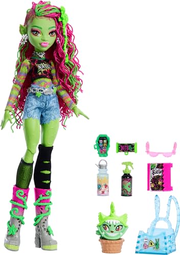 Monster High Venus McFlytrap-Puppe mit Pflanzenmonstertier Katze Chewlian und Zubehör wie Rucksack, Notizbuch, Snacks und mehr, HRP81 von Monster High