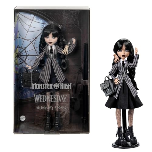 Monster High Wednesday Puppe und Accessoires, Wednesday Addams Sammelfigur in Nevermore Academy Uniform mit Eiskaltem Händchen und Rucksack, Puppenständer, HXJ04 von Monster High