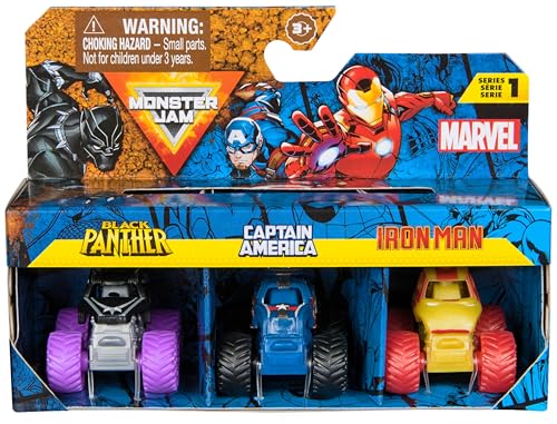 Monster Jam Marvel - Mini-Truck 3er-Set mit Black Panther, Captain America, Iron Man, Maßstab 1:87, robust und mit coolen Details, für monstermäßige Superhelden-Action an jedem Ort, ab 3 Jahren von Monster Jam