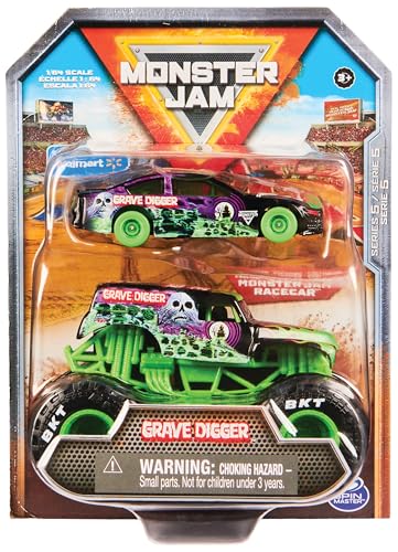 Monster Jam, Truck und Rennauto in einem Set, Maßstab 1:64, Robustes, detailreiches Design für krasse Stunts, ab 3 Jahren, Sortierung mit Max-D, Grave Digger und Earthshaker, Zufallsauswahl von Monster Jam