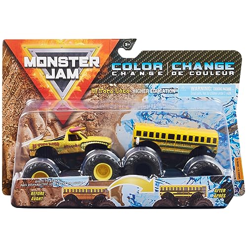 Monster Jam 2021 Farbwechsel, El Toro Loco Gelb gegen Hochschulbildung, Schulbus, Maßstab 1:64, Druckguss, Monster Trucks von Monster Jam