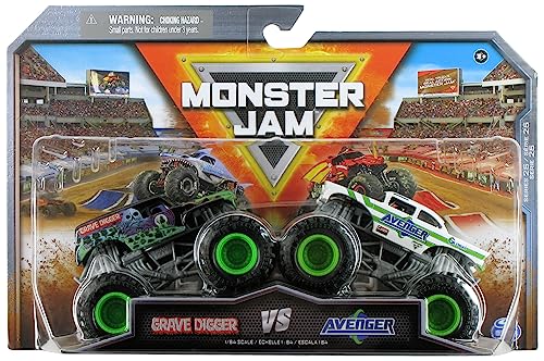 Monster Jam 2023 Offizieller Druckguss-Truck im Maßstab 1:64, 2er-Pack, Serie 25 Grave Digger vs Global Avenger von Monster Jam