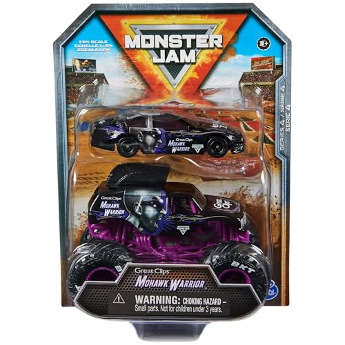 Monster Jam Offizieller 1:64 Maßstab Druckguss, 2er-Pack, Monstertruck und Rennwagen, Serie 4, Mohawk Warrior, Lila von Monster Jam