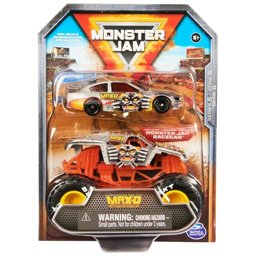 Monster Jam Offizieller Druckguss im Maßstab 1:64, 2er-Pack, Serie 5 Monstertruck und Rennauto: Max-D von Monster Jam