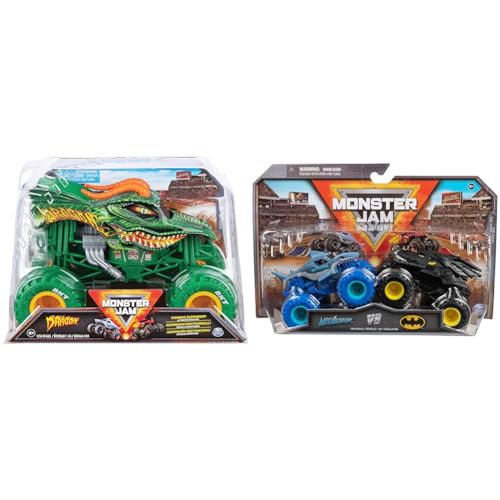 Monster Jam Original Trucks aus Metall-Spritzguss im Maßstab 1:24 & Original Zweier-Pack mit dem Batmobil vs. Megalodon - authentischen Monster Trucks im Maßstab 1:64 von Monster Jam