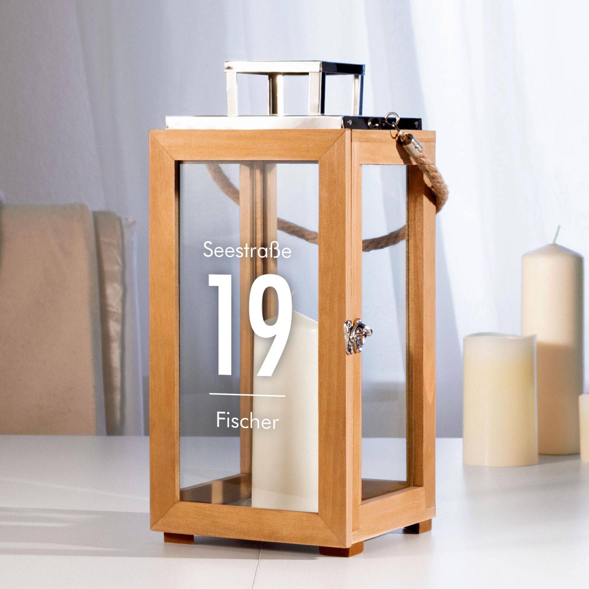 Holzlaterne mit moderner Gravur - Name und Adresse Holzlaterne mit moderner Gravur - Name und Adresse von Monsterzeug