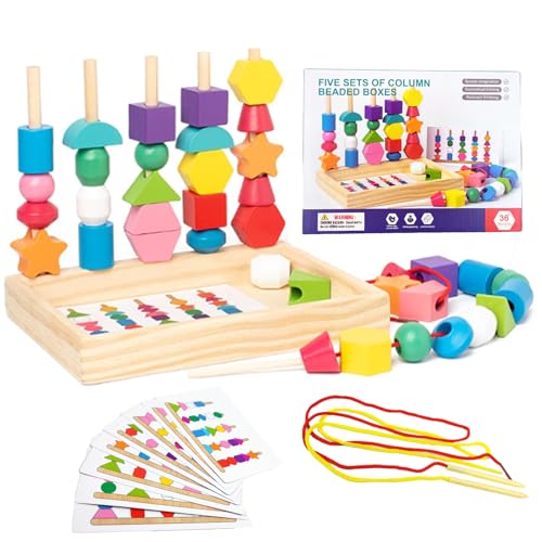 Montessori Beads Sequencing Toy Set，Wooden Stacking Blocks & Lacing Beads & Matching Shapes Stacker Toy，Montessori Toys for 3 4 Year Olds von MonteSpi