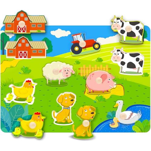 Bauernhof Holzpuzzle 1 Jahr,Greifpuzzle Holzspielzeug ab 1 2 3 Jahr,Bauernhoftiere Steckpuzzle Holz Montessori Spielzeug mit Holzknöpfen,Motorikspielzeug Lernspielzeug für Junge Mädchen Geschenk von Montejoy