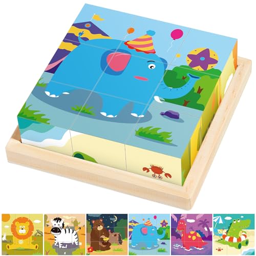 Montejoy Würfelpuzzle Holz, 3D Würfelpuzzle Puzzlespiele 6 in 1 Tier-Motive Holzpuzzle für Kinder ab 1 2 3 4 Jahre, Montessori Lernspielzeug Geschenk für Jungen und Mädchen von Montejoy