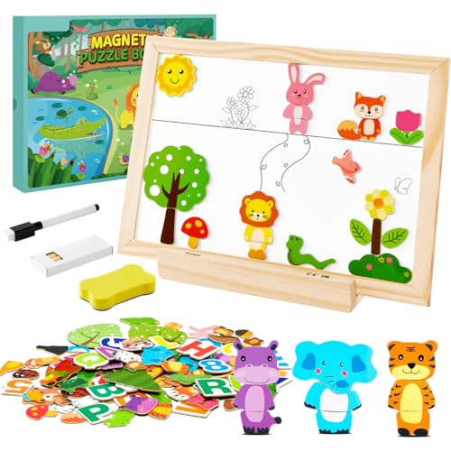 Montejoy Magnettafel Holzpuzzle ab 3 Jahre mit Doppelseitiger Tafel Holzspielzeug Magnetspiel Spielzeug Puzzle ab 2 3 4 5 Jahre Mädchen Junge Magnete Kinder Geschenke, CXPZ100 von Montejoy