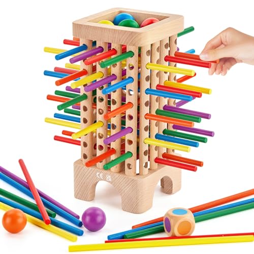 Montessori Spiel Brettspiel aus Holz, Ballfall Würfelspiel für die Familie, 42 Stück Holzstäbchen Feinmotorik Spiele, Kinder Familienspiel 1 bis 6 Spieler, Kinderspiele Reisespiel ab 3 4 5 6 Jahren von Montejoy