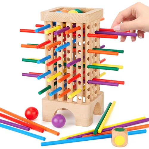 Montessori Spiel Brettspiel aus Holz, 42 Bunte Holzstäbchen Spiele Würfelspiel Mathe & Feinmotorik Spielzeug, Brettspiel Familie ab 3 4 5 6 Jahre Lernspielzeug Reisespiel für Kinder von Montejoy