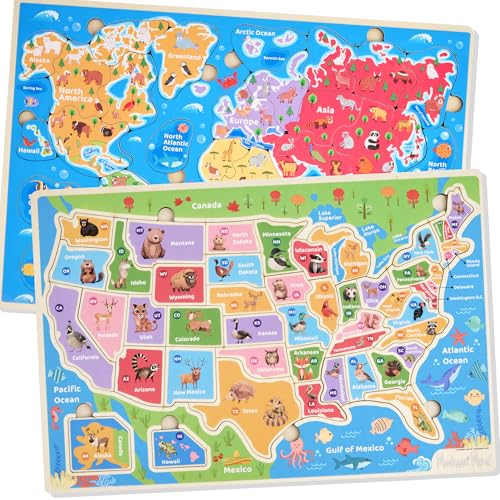 Montessori Mama Holzpuzzles, Weltkontinente und Ozeane, USA Staaten und Hauptstädte, 2er Set von Montessori Mama