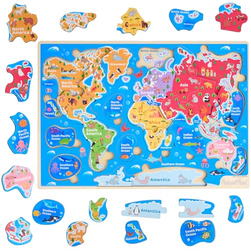 Montessori Mama Wooden USA Map Puzzle and World Continents and Oceans Map Puzzle (World Map Puzzle) von Montessori Mama