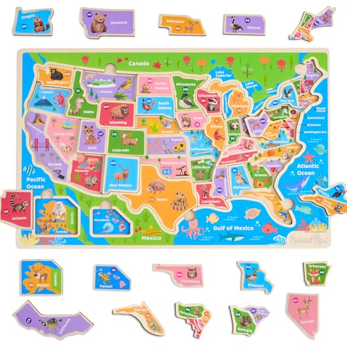 Montessori Mama Wooden USA Map Puzzle and World Continents and Oceans Map Puzzle (USA Map Puzzle) von Montessori Mama